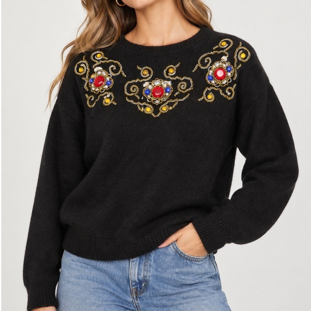 Vintage Black Jeweled Sweater Beaded Rhinestone Embellished Large 80s 90s Glam
